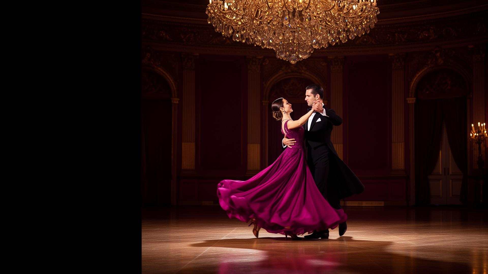 Elegant ballroom couple dancing in a grand hall